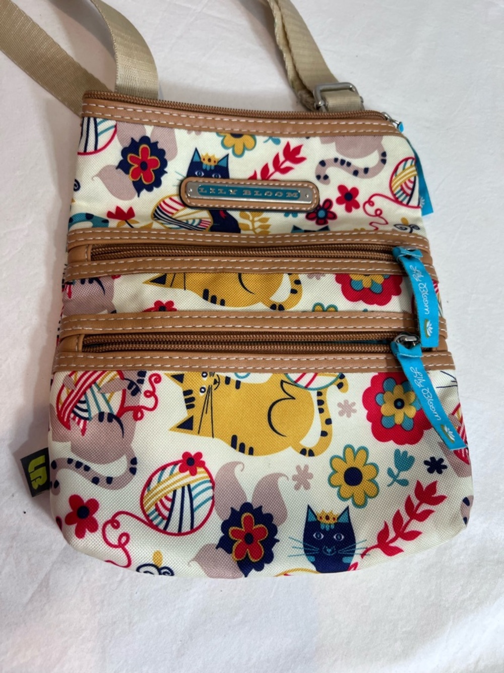 Lily Bloom Multi Section Eva Mini Crossbody Bag colorful cat and yarn pattern